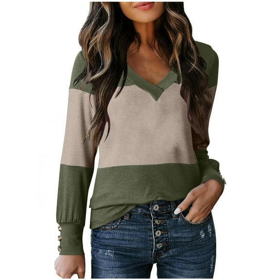 zbxnLI Womens Plus Size Shirts V Neck Long Sleeve Shirt Color Block Graphic Tees Ladies Basic Tunic Tops