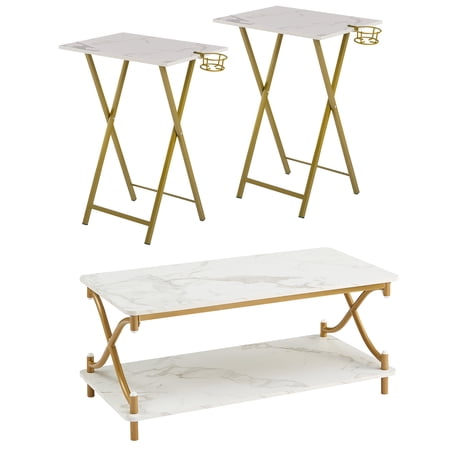 VECELO 3-Piece Coffee Table Set with 2 TV Tray Table, Modern Industrial Living Room Set, Gold