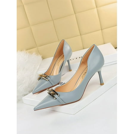 

Chain Decor Point Toe Stiletto Heeled Court Pumps Fashionable Metal Chain In Smog Blue Pure Metallic Monochrome High Heels For Women