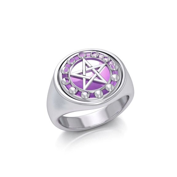 Pentacle Moon Phase Reversible Ring 925 Sterling Silver Wiccan Jewelry Amethyst