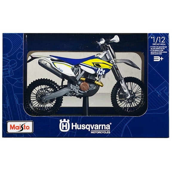 Husqvarna FE 501 White and Blue with Yellow Stripes 1/12 Diecast Motorcycle Model by Maisto