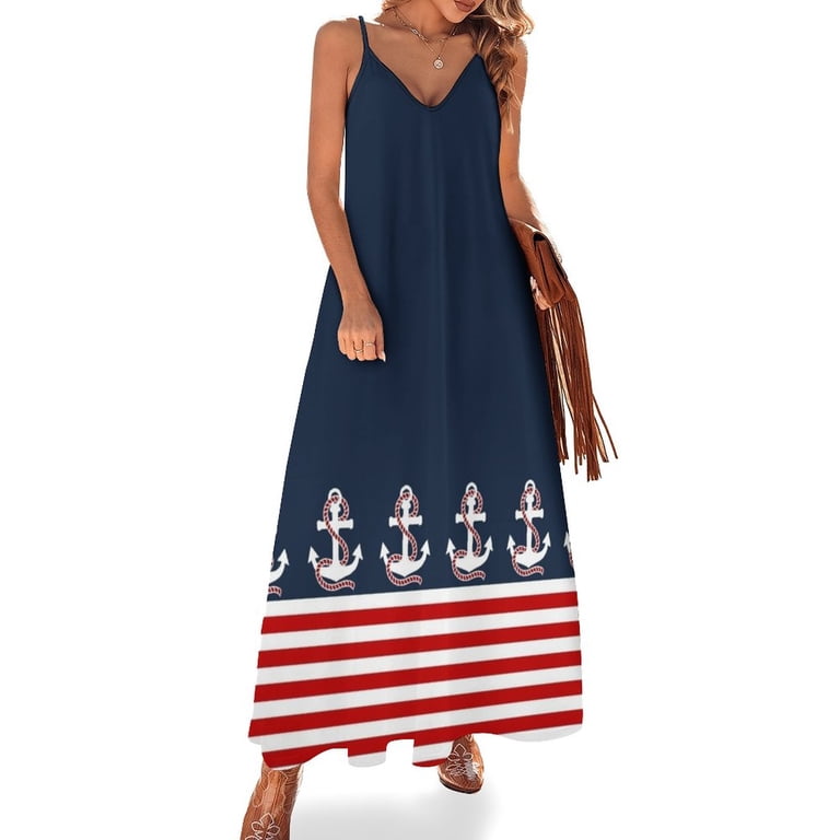 Nautical red white stripes and red anchor on blue background Sleeveless  Dress elegant guest wedding dress Evening dresses - Walmart.com