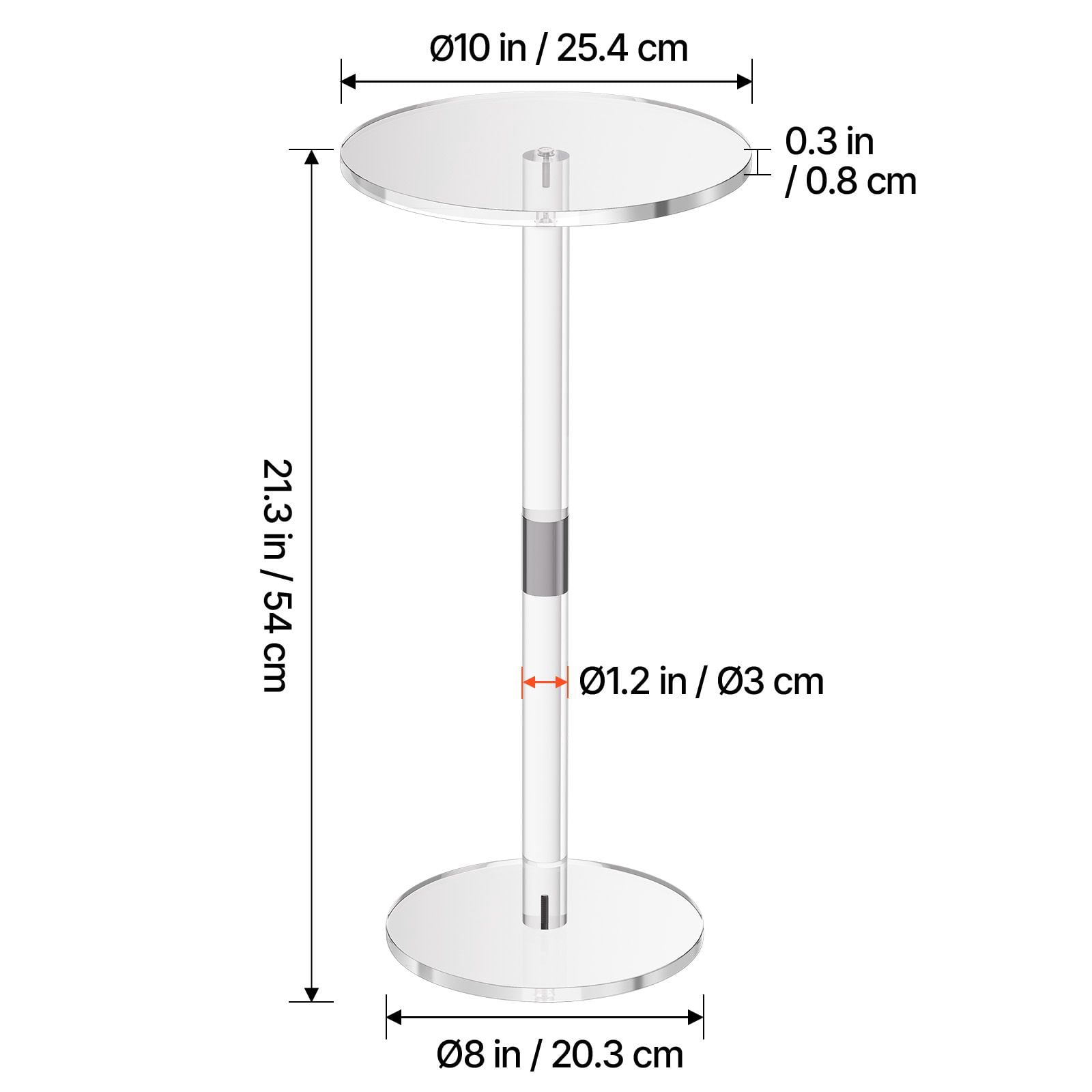 Acrylic Drink Table 10x10x21.3 Inch Clear End Table Round Top Solid Post 0.3 Inch Thick Supports 11 lbs for Living Room Bedroom