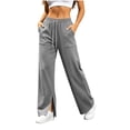 thumbnail image 3 of Womens Straight Leg Sweatpants, High Waisted Solid Pants with Side Pockets, Loose Fit, Travel & Street Wear | VerBelle,Gray L, 3 of 9