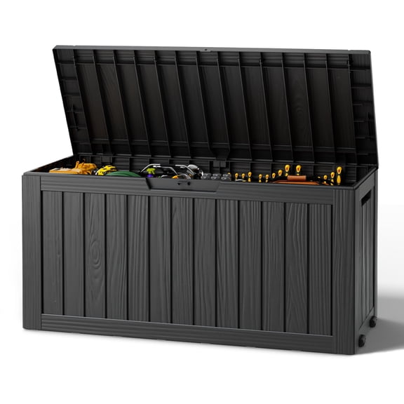 Nihsuao 80 Gallon Wood-grain Resin Deck Box, Lockable Weatherproof Outdoor Storage Bin for Patio Cushions, Garden Tools, and Backyard Use(Black)