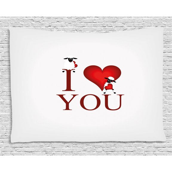 I Love You Tapestry, Comic Style Illustration Large Red Heart Shape with Text and a Pair of Sheep, Wall Hanging for Bedroom Living Room Dorm Decor, 80W X 60L Inches, Red White, by Ambesonne