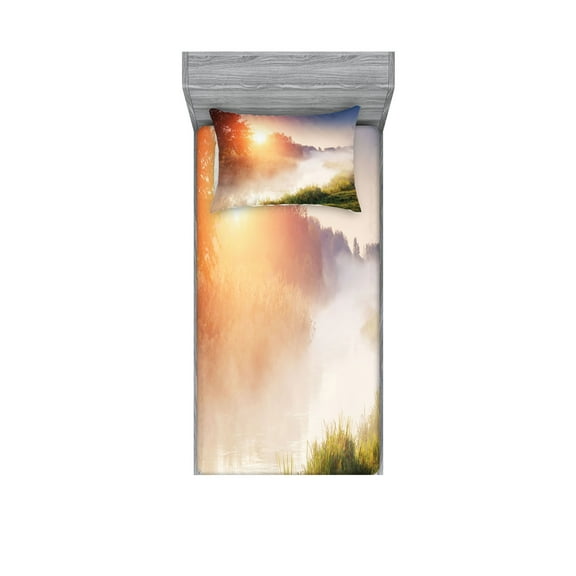 Ambesonne Nature Fitted Sheet & Pillow Sham Set, Sunbeams Foggy Mountain, Twinxl, Multicolor