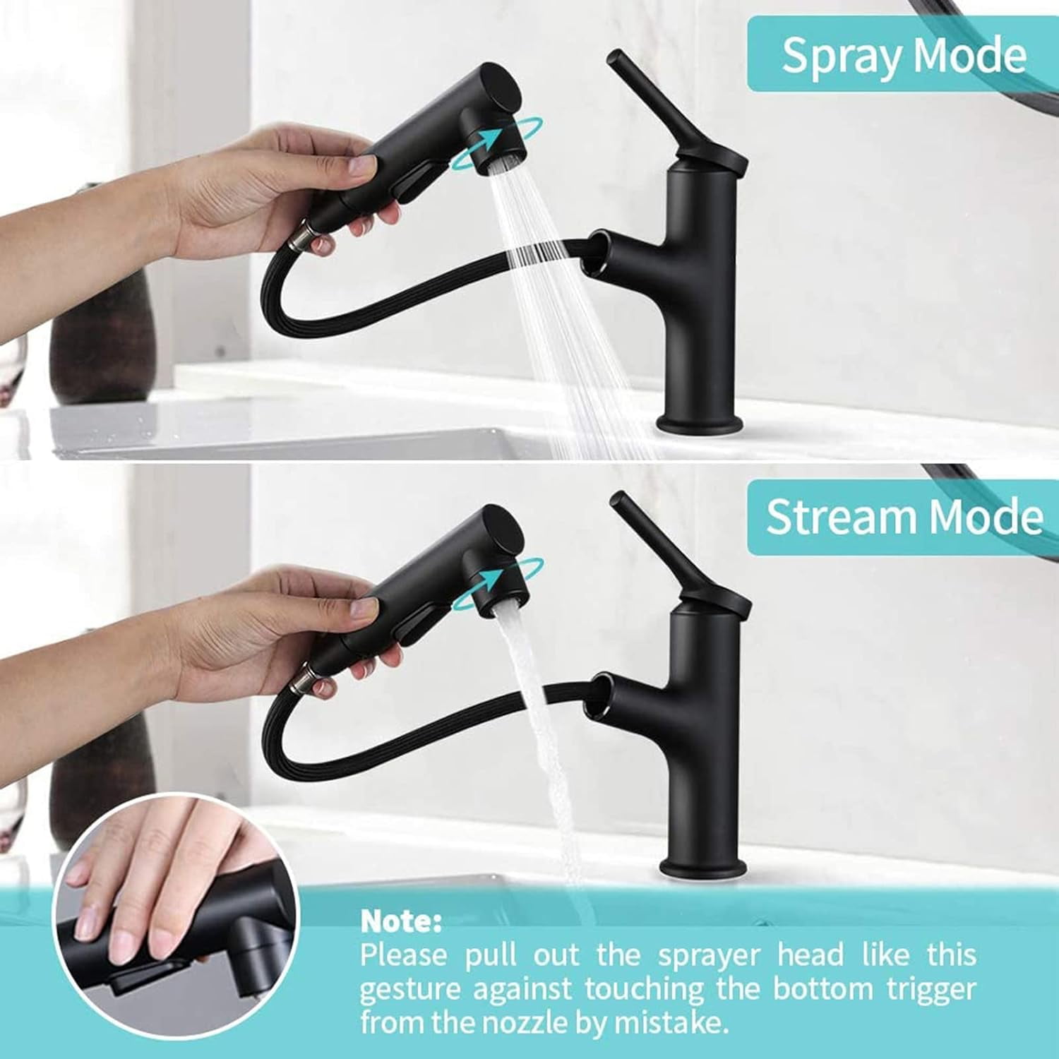 Bathroom Sink Faucet with Pull Down Sprayer Dual Mode Brass hot and Cold Single Handle Single Hole Retractable Faucet, for Bathroom,B Spray