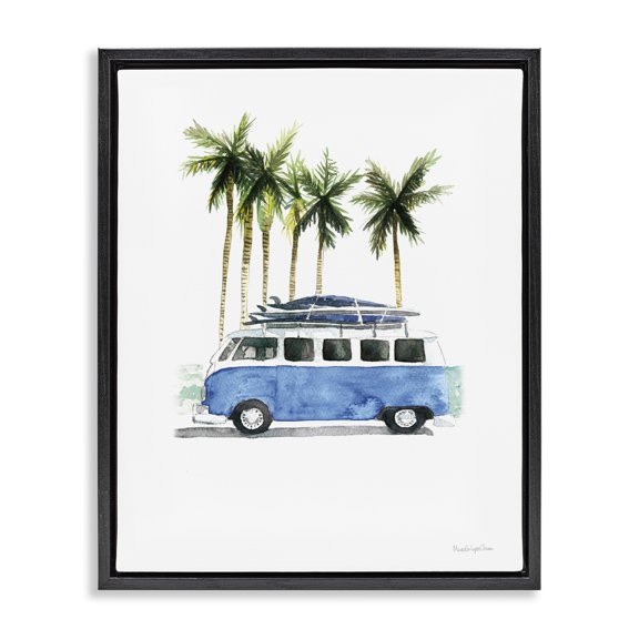 Stupell Industries Coastal Summer Minibus Vacation Black Floating Frame Canvas Art, 17 x 21, by Mercedes Lopez Charro