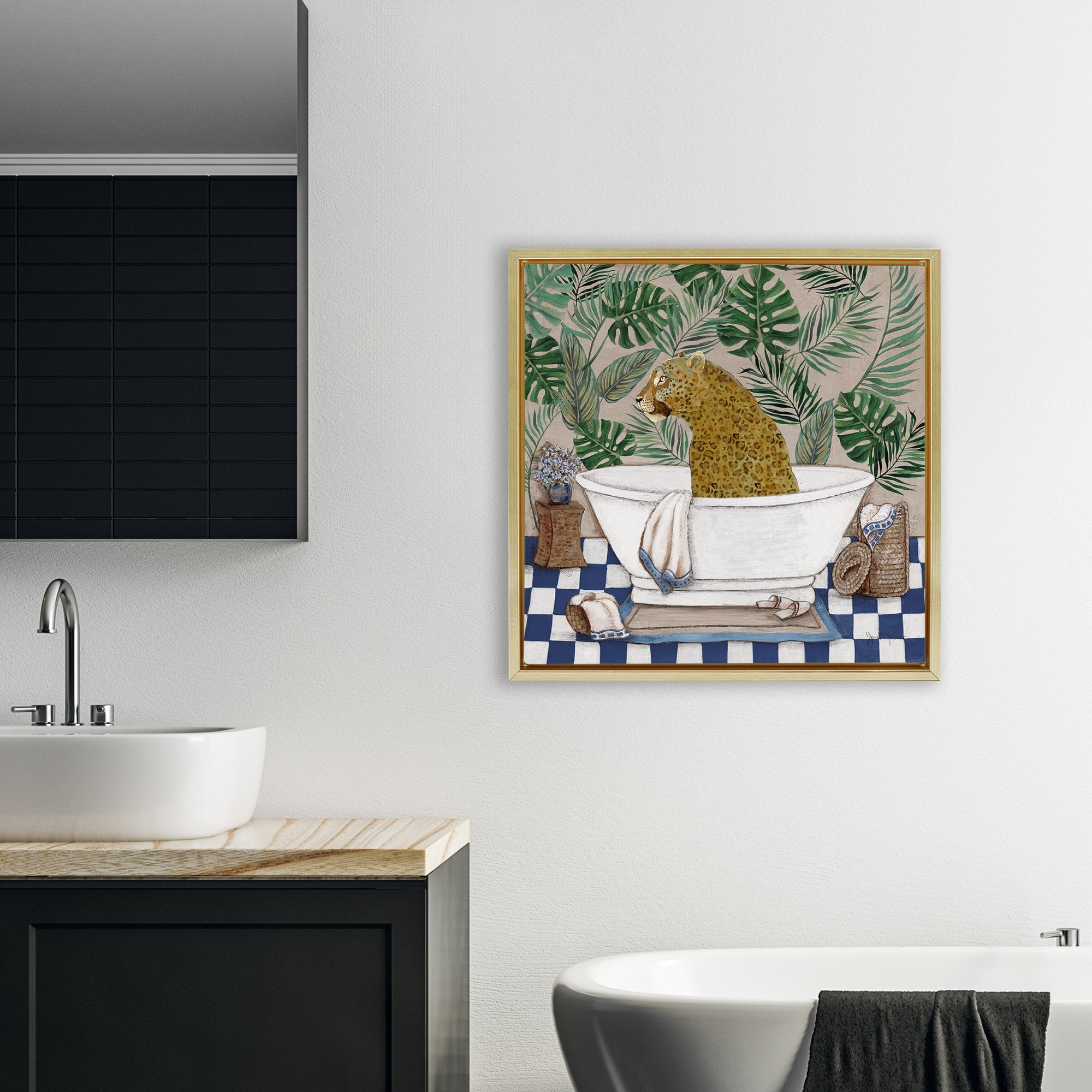Stupell Industries Leopard in Tropical Bathtub Gold Framed Floater Canvas Wall Art, design by Janet Tava