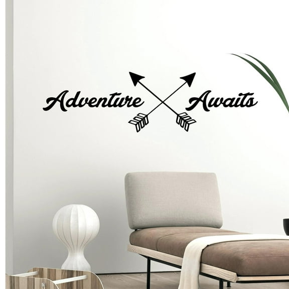 Adventure Awaits Lettering - Inspirational Life Quotes - Wall Art Decal - 11" x 39" Decoration Vinyl Sticker - Apartment Bedroom Living Room Vacations Travel Peel Off Stickers (11" x 39"; Black)