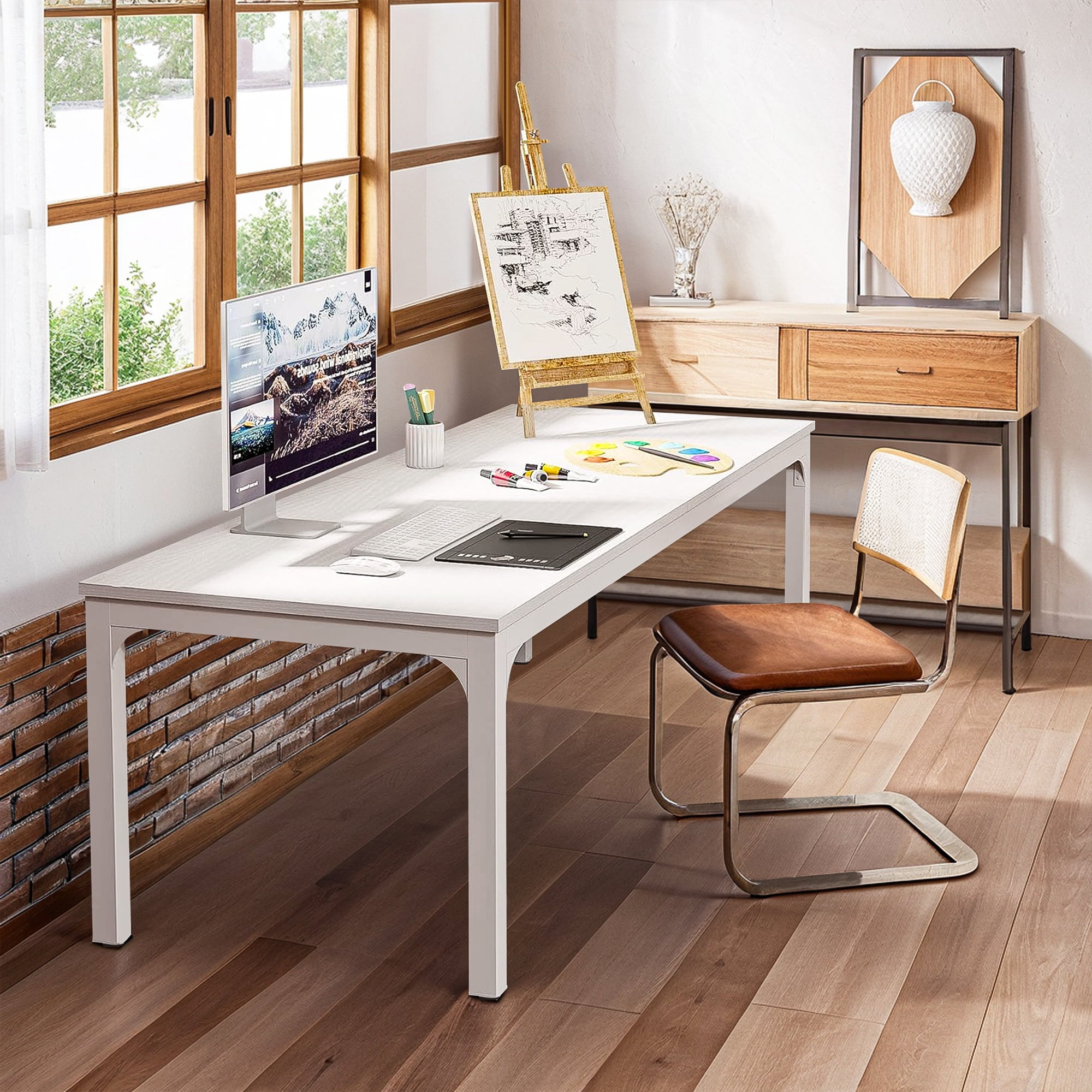 Demi Bonn 78" Farmhouse Dining Table, Wood Rustic Kitchen Table for 8 People, Large Rectangular Dinner Table for Dining Room, Home Office, Living Room Furniture, White