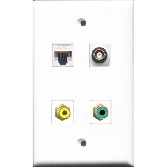 RiteAV - 1 Port RCA Yellow and 1 Port RCA Green and 1 Port BNC and 1 Port Cat5e Ethernet White Wall Plate
