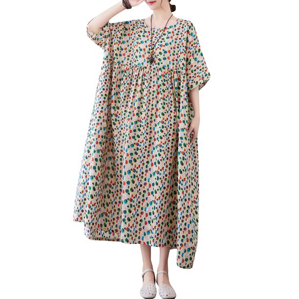 Vestido suelto de mujer con bolsillos Impreso Vintage Casual Holiday Beach Dress CACAGOO Vestido