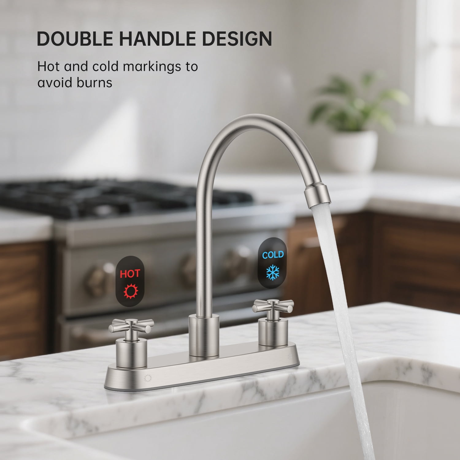 APPASO Two Handle Kitchen Faucet, Brushed Nickel Kitchen Sink Faucet, 3 Hole Kitchen Faucet, Stainless Steel Faucet for Kitchen Sink.
