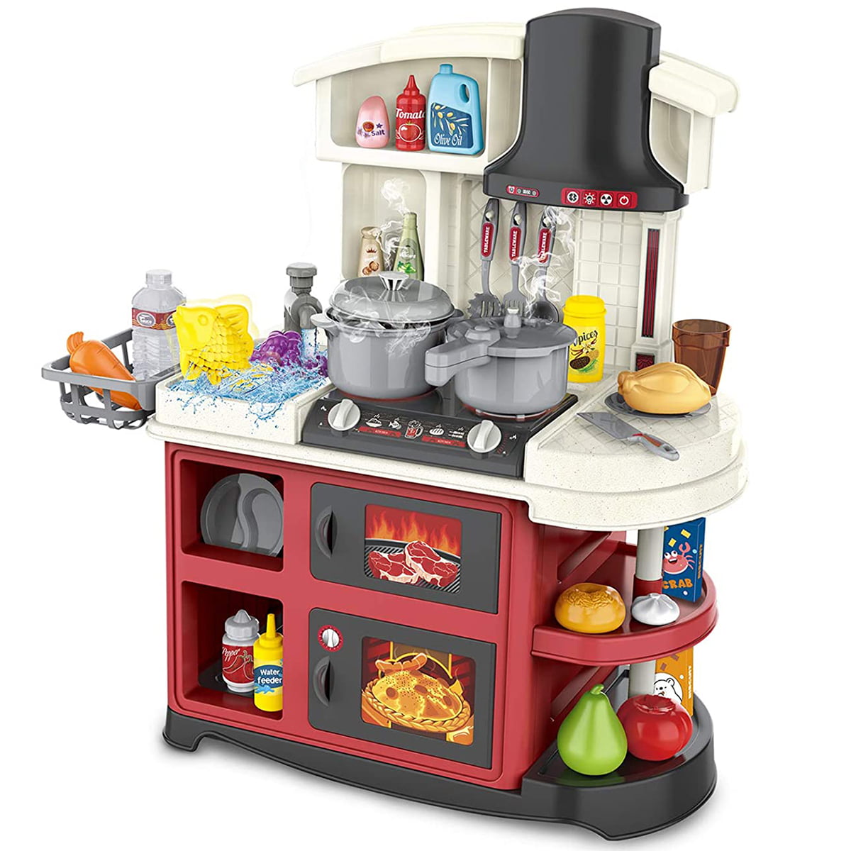 Large Red Toddler Boys Camping Kitchen Playset-Stove Dishes Food Utensils Teapot 
