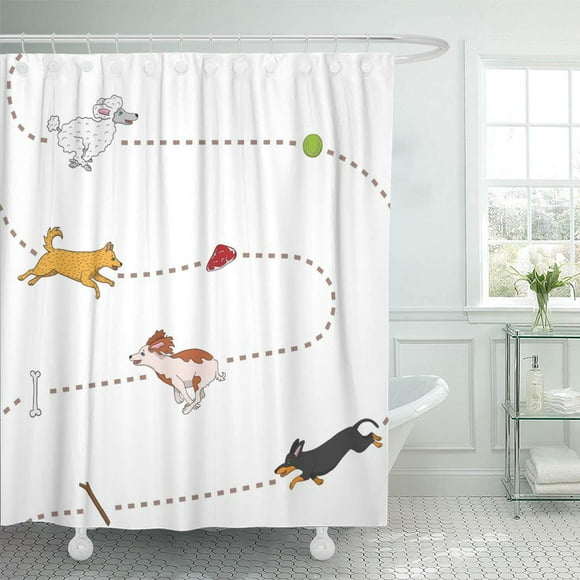 YUSDECOR Track White Poodle Funny Dogs Chasing Pattern Spaniel Bathroom Decor Bath Shower Curtain 60x72 inch