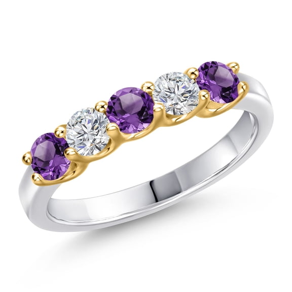 Gem Stone King 925 Silver and 10K Yellow Gold Purple Amethyst and Lab Grown Diamond Wedding-Bands Ring for Women | 0.82 Cttw | Round 3.5MM | Gemstone February Birthstone | Size 9
