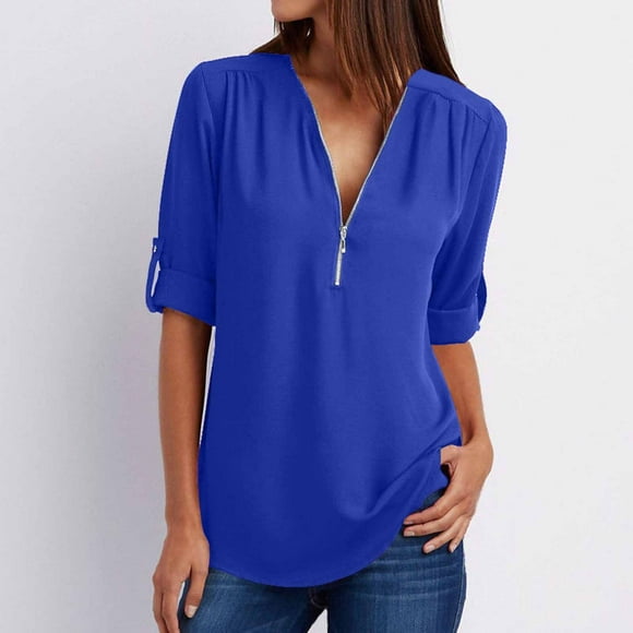 Black Friday Deals 2022 TIMIFIS Womens Fall Fashion 2022 Women's Summer Long Sleeve Shirts Zip Casual Tunic V-Neck Rollable Blouse Tops Blouses For Women