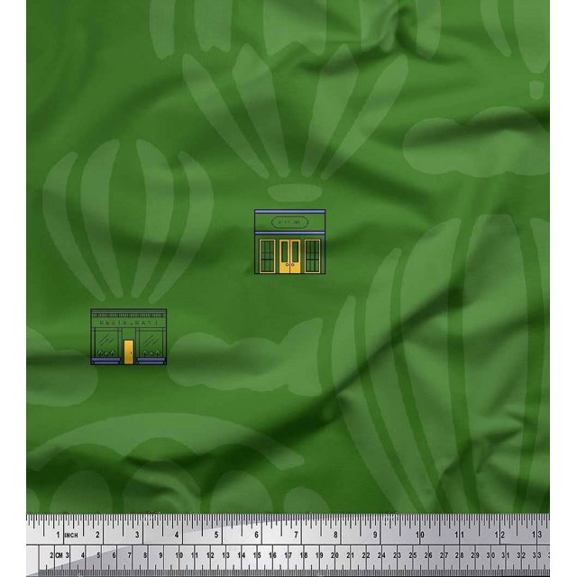 Soimoi Green Silk Fabric Architectural Structure & Hot Air Balloon Holiday Printed Fabric 1 Yard 42 Inch Wide