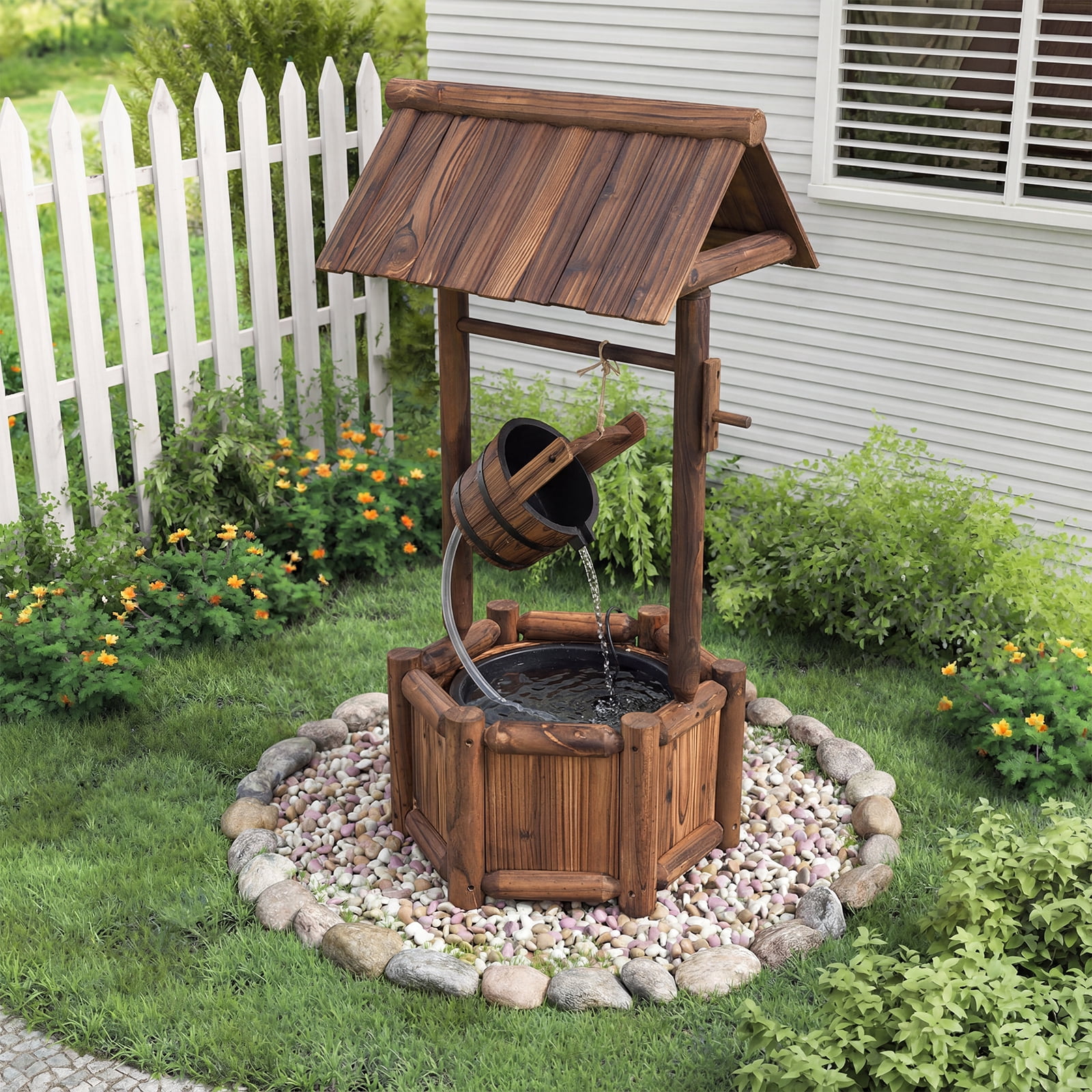 Patiojoy Rustic Wishing Well Water Fountain Wooden Decorative Electric Backyard with Electric and Water Bucket Pump for Outdoor