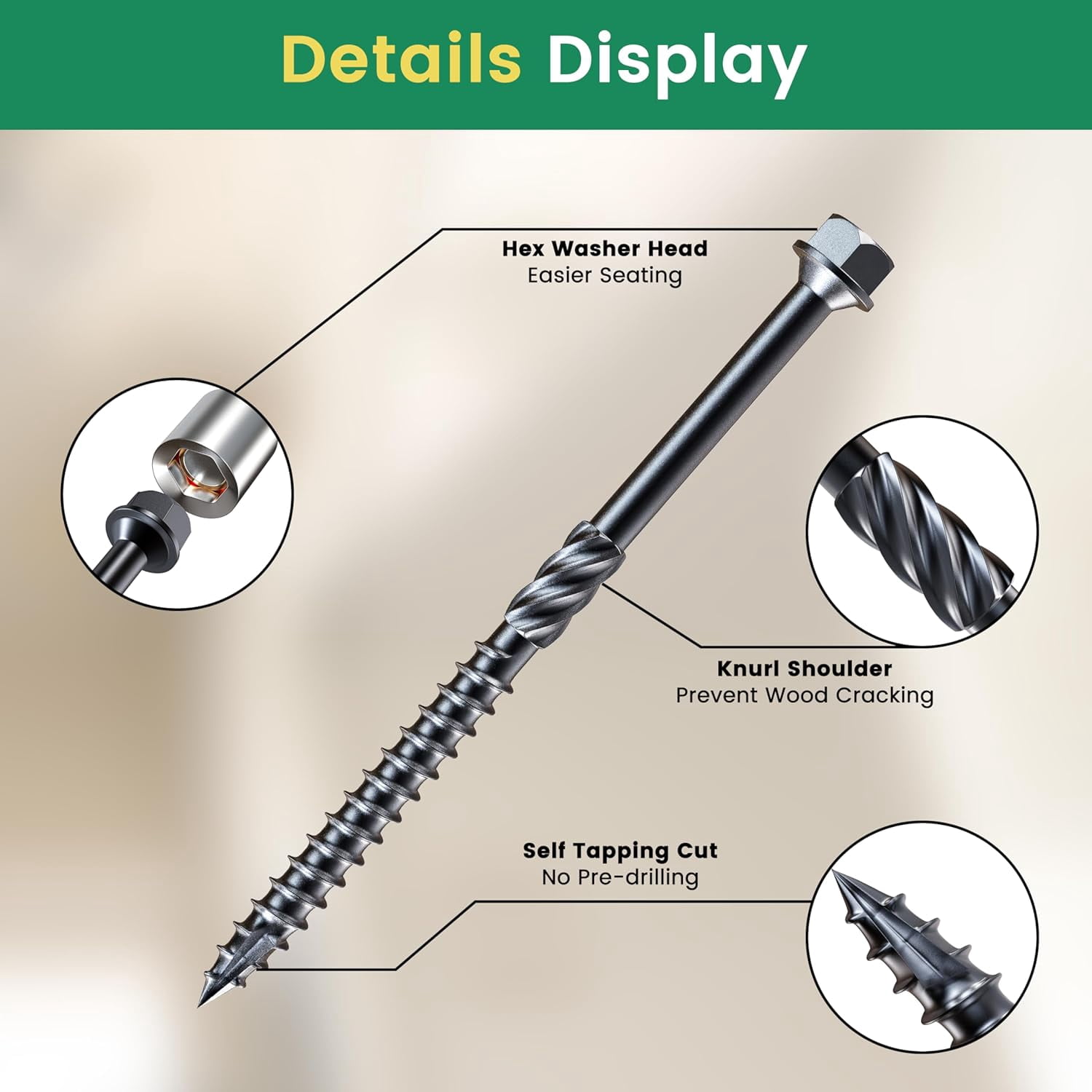 14 x 4 Wood Structural Screws 50 Pcs, Exterior Hex-Head Lag Screws, Black Heavy Duty Construction Timber Log Landscaping Wood Screws, 5/16 Hex Socket Included