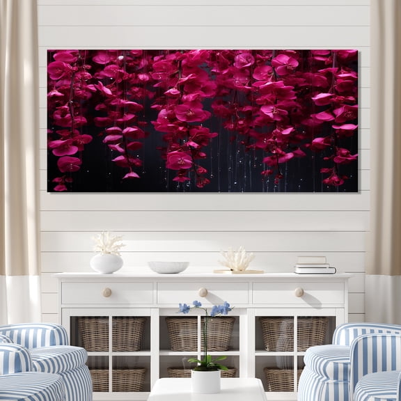 Designart "Fuchsia Flowers Cascade in Pink and Black" Oversized Floral Wall Art - Traditional Pink Fuschia Living Room Canvas Art