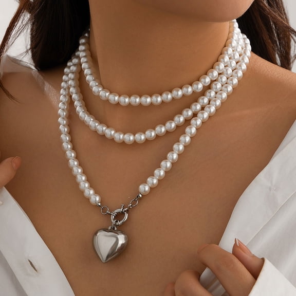 NICKSUN Pearl Beaded Heart Layered Pendant Necklace for Women,14k Gold Plated Punk Stacked Pearl Choker Necklace,Charm Statement Celebration Gift
