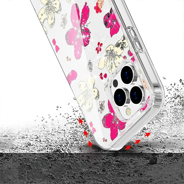 For iPhone 14 Pro (6.1) Beautiful Laser Clear Bling Glitter Design Pattern  Hybrid Gummy Hard PC and TPU Cover ,Xpm Phone Case [ Hot Pink Floral ] 