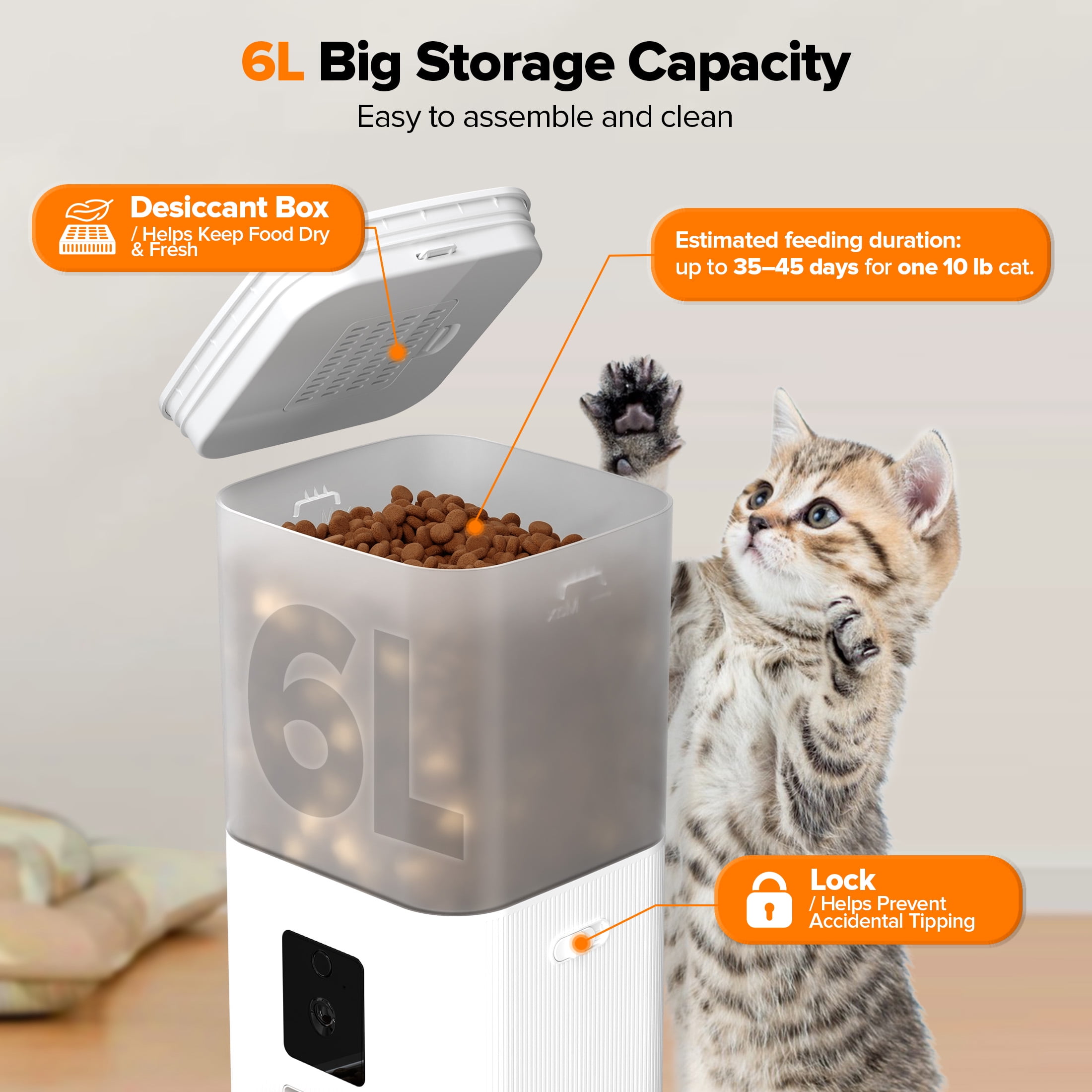 LHRIVER APP Remote Control Automatic Cat Feeder with HD Camera, 2.4G WiFi, 6L/25 Cups Pet Feeder with 304 Stainless Steel Bowl, Dual Power Supply, 2-Way Audio