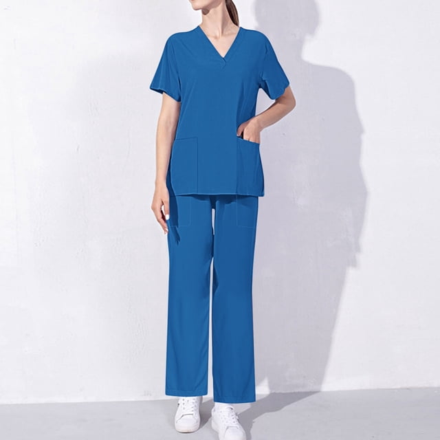 Xysaqa Uniformes pour Femmes, Ensemble de Tuniques Confortables, Haut Col en V, Pantalon Droit Extensible, Ensemble de Tuniques Couleur Unie, Tailles P à TTG, Bleu