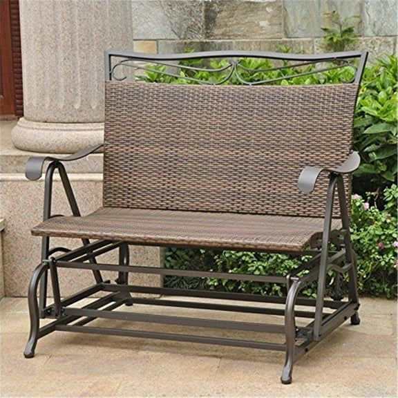 Mid-Century Glider Loveseat - Resin Wicker Double Seat - Indoor Outdoor Patio Furniture - Antique Brown Finish