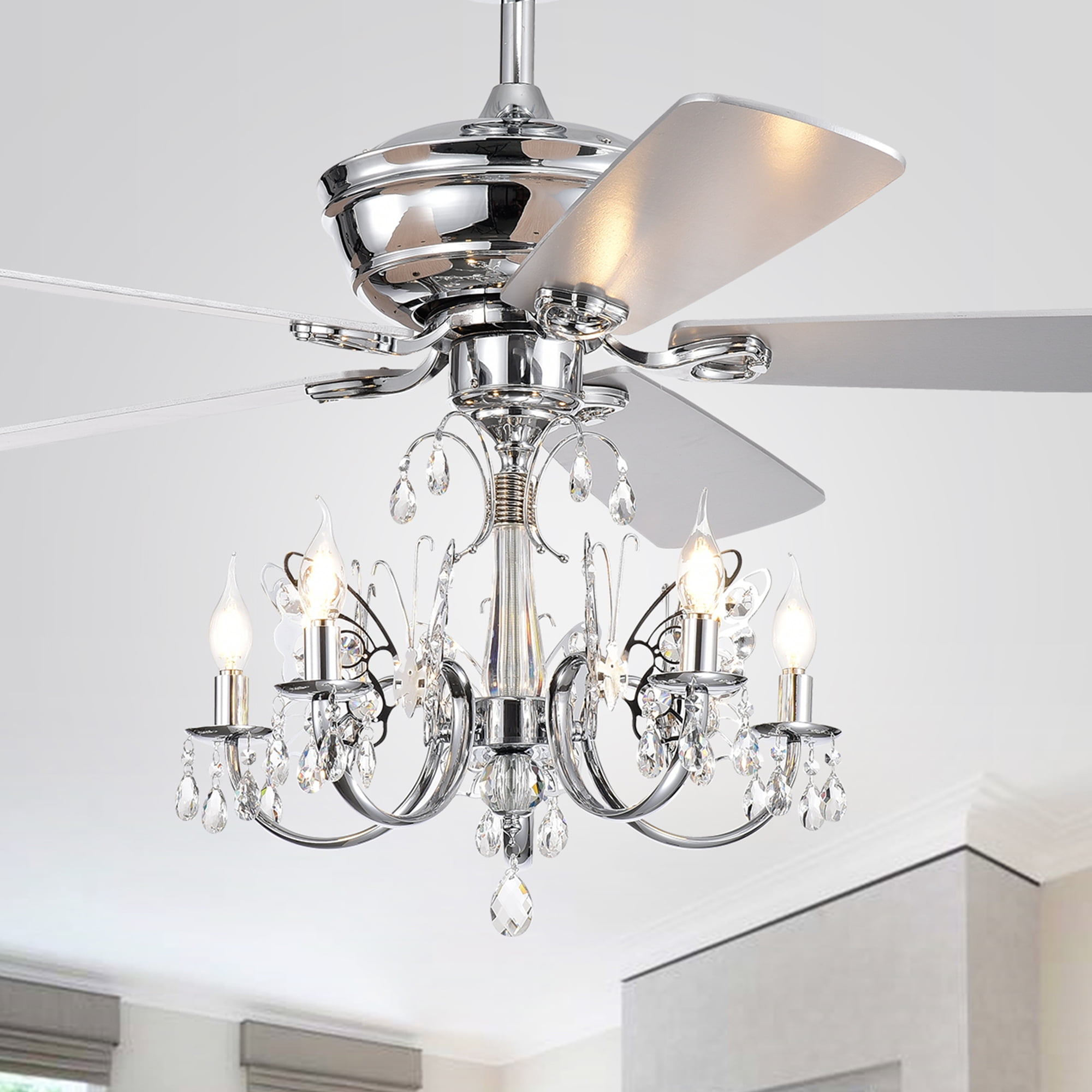 5 Light Chrome Lighted Ceiling Fan, Antique White Ceiling Fan With Chandelier