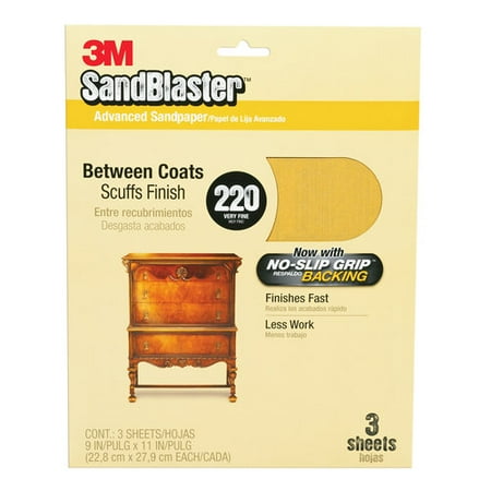 3M SandBlaster Sandpaper with No Slip Grip Backing, 11220-G, 3-2/3 in x 9 in, 220 grit, 5 sheets/pk