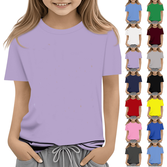 Girls Short Sleeve T Shirts Casual Crewneck Fashion Tees Kids Summer Tops 5-14 Years Light Purple 160