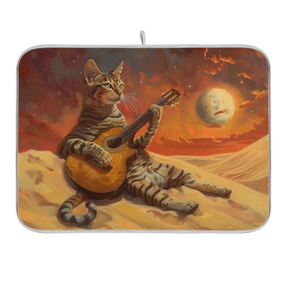 Dish Drying Mat Kitchen Counter Cat Playing Guitar Dishes Drainer Pad Absorbent Microfiber Reversible 16"x18"