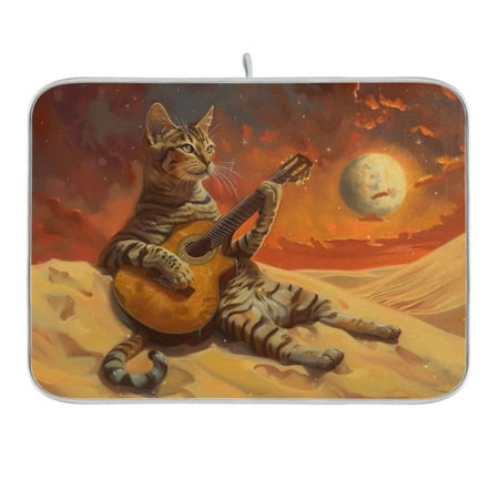 

Dish Drying Mat Kitchen Counter Cat Playing Guitar Dishes Drainer Pad Absorbent Microfiber Reversible 16 x18