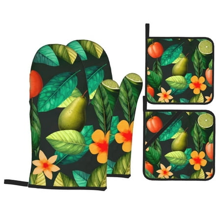 

WARHOOME Oven Mitts and Pot Holders Sets Heat-Resistant Realistic Fruit and Vegetable Illustration BBQ Glove Oven Mitt Hot Pads Kitchen Cooking Baking Grilling 4Pcs