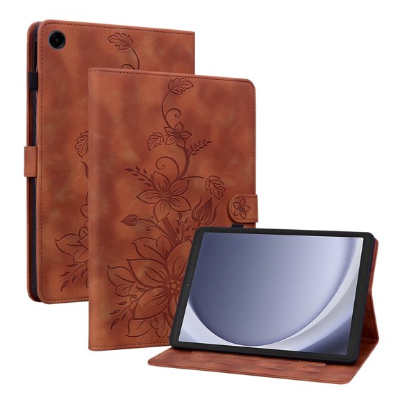 XYX for Samsung Galaxy Tab A9 8.7 inch SM-X110 SM-X115 Case, PU Leather Slim Folio with Multi-Angle Stand, Brown Lily Flower
