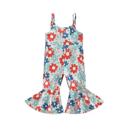 

Independence Day Kids Baby Girl Suspender Pants Jumpsuit Toddler 4th of July Loose Baggy Overall Sleeveless Floral/ Donut Print Rompers Flared Pants