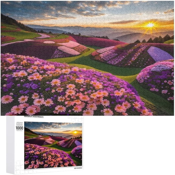 A Mountain with The Full of Flowers Puzzle Jigsaw Puzzle 1000 Pieces for Adults, 30"x20" Large Puzzle Multi-Color Flower Decoration for Family Party Holiday - Each Piece is Unique