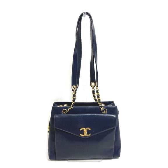 Pre-Owned CHANEL CC Coco Mark Ball Chain Tote Bag Shoulder Lambskin Women's Navy (Fair)