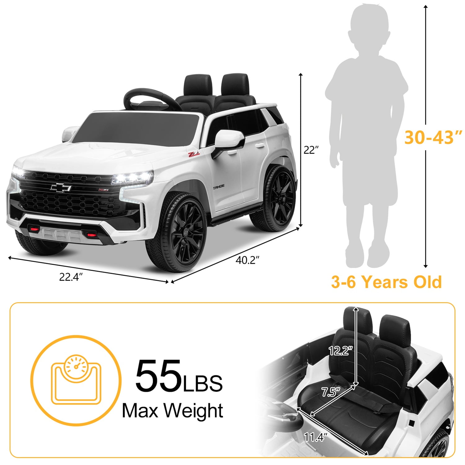 CIPACHO HL588 Chevrolet Tahoe SUV 12V Ride On Car with Remote Control, Dual Drive 2 Seater Electric Car Toy for Kids, 3 Speeds, White