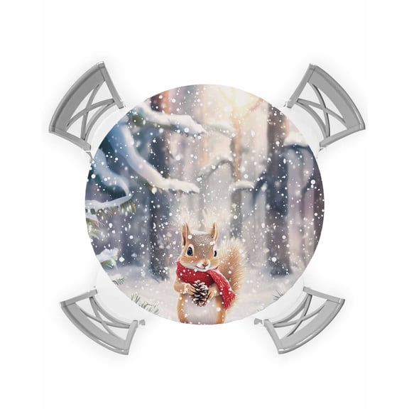 nqOlkjepod Christmas Round Tablecloth, Fitted Table Cover with Elastic for 55"-60" Round Tables, Xmas Squirrel Snowflake Forest Table Cloth Outdoor Indoor Dinning Party Waterproof Tablecloths