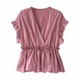 thumbnail image 2 of Camisa de mujer Cuello en V Manga corta Blusa de rayas con volantes Top casual, Rosa, 3XL Jumpingount AP001462-17, 2 of 7
