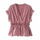 thumbnail image 2 of Camisa de mujer Cuello en V Manga corta Blusa de rayas con volantes Top casual, Rosa, XL Sweethay AP001462-15, 2 of 7