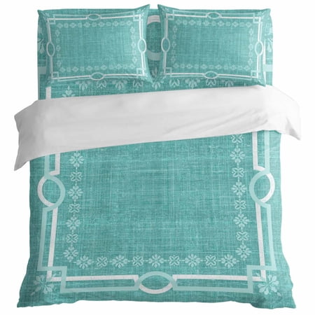 Turquoise Farmhouse Duvet Cover Set King Size Linen Texture Geometric Lines Floral Boho 4 Piece Bedding Set with Zipper Closure & Corner Ties Soft Breathable Comforter Cover for Bedroom
