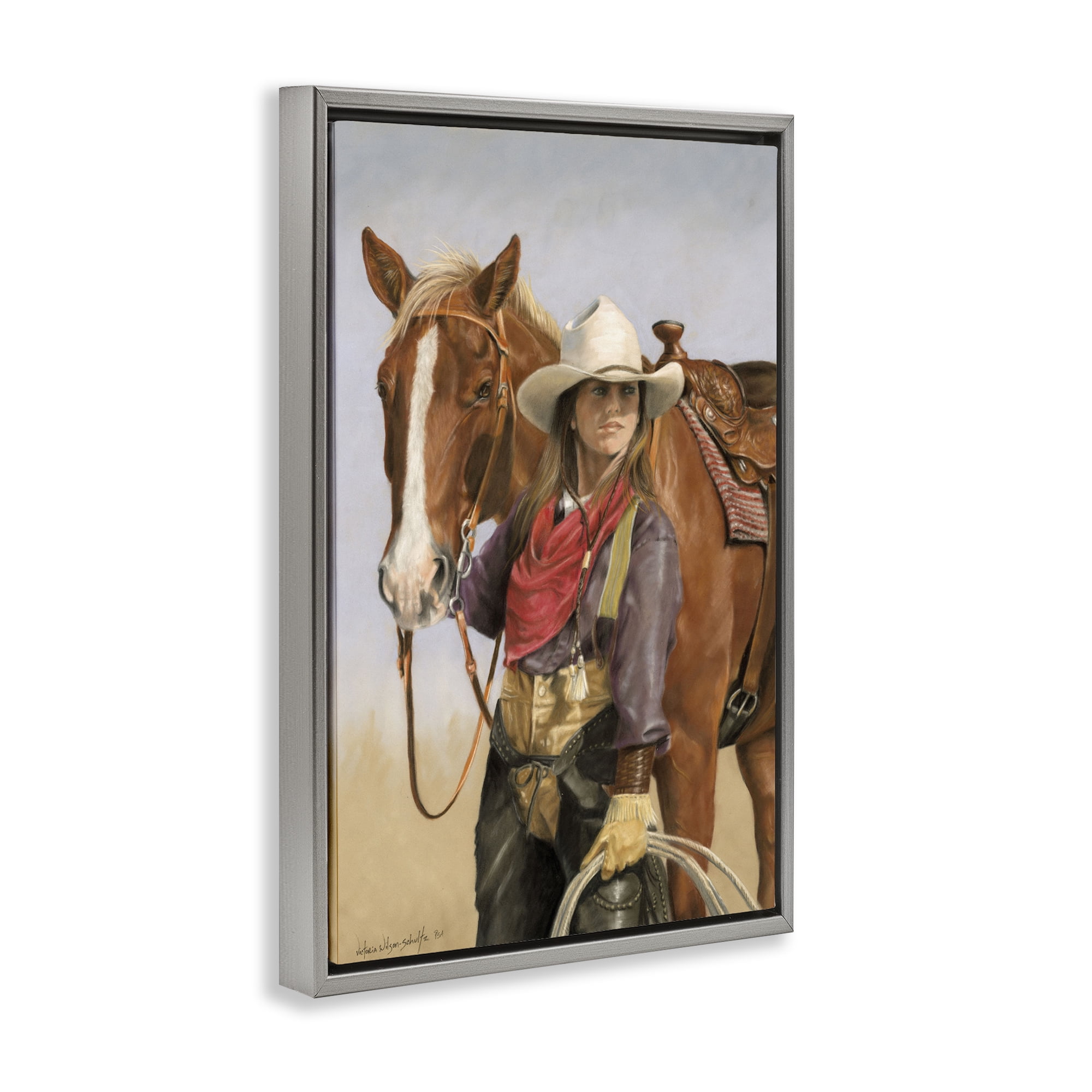 Stupell Industries Powerful Female Cowgirl Animals & Insects Painting Gray Floater Framed Canvas Art Print Wall Art, 17 x 25