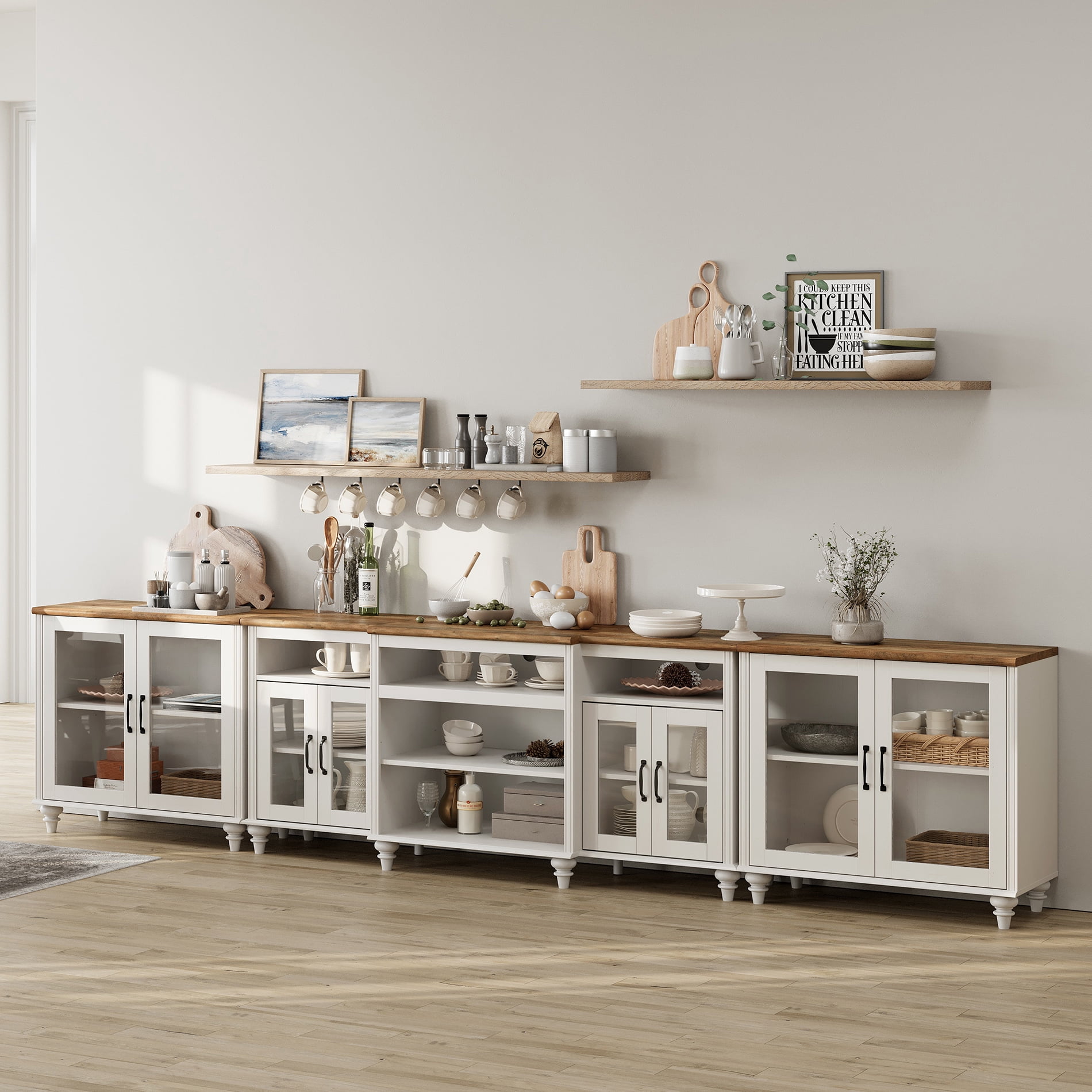 WAMPAT Large Buffet Cabinet with Glass Door Cabinet for Dining Room, Off White