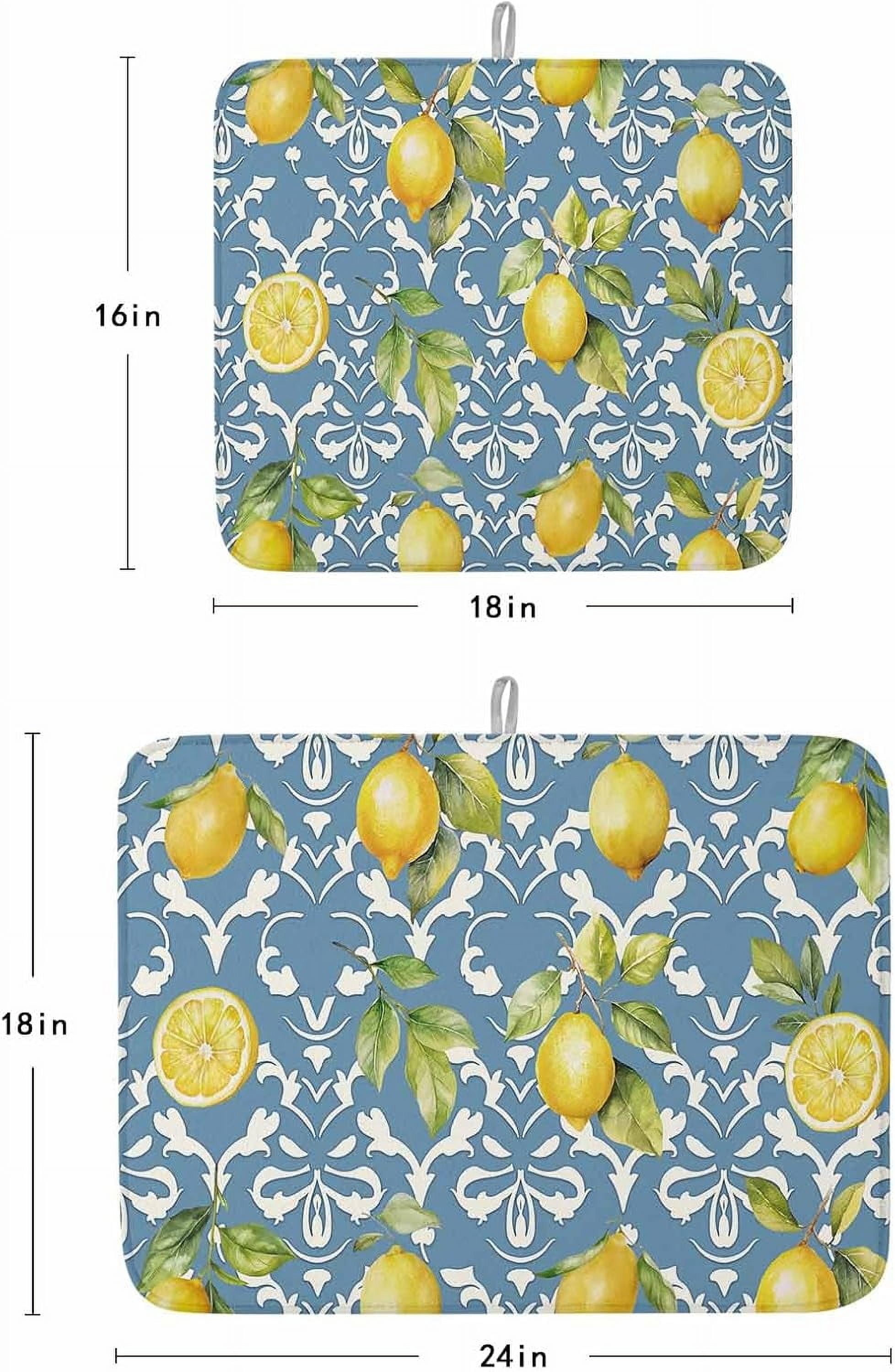 Summer Lemon Dish Drying Mat for Kitchen Counter, Green Botanical Blue Watercolor Fruits Baby Bottle Microfiber Drying Pad, Absorbent Coffee Cup Dishes Drainer Mats 18"x24", 1 Pcs